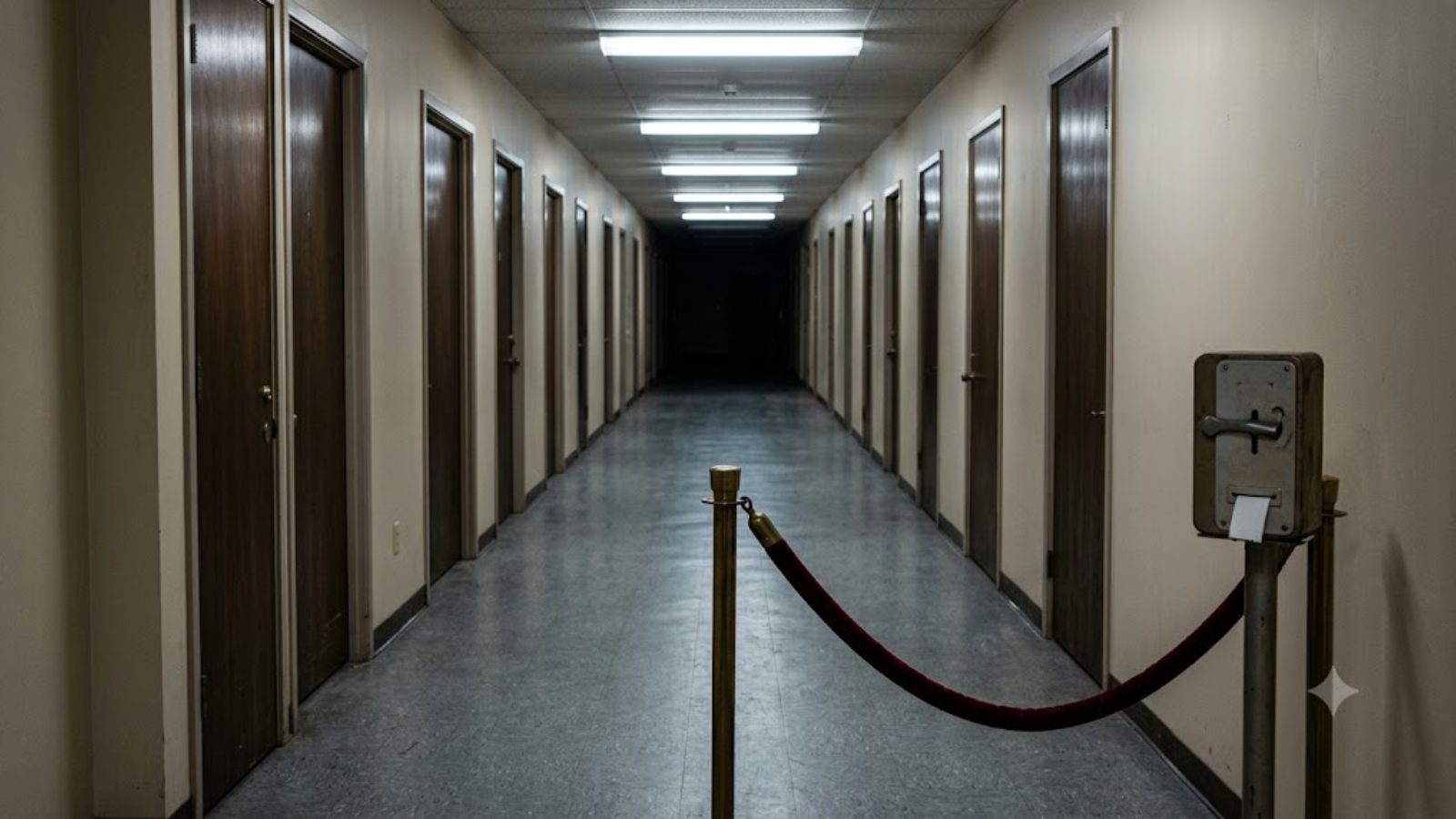 A long institutional corridor with a velvet rope across it and closed doors down one side.