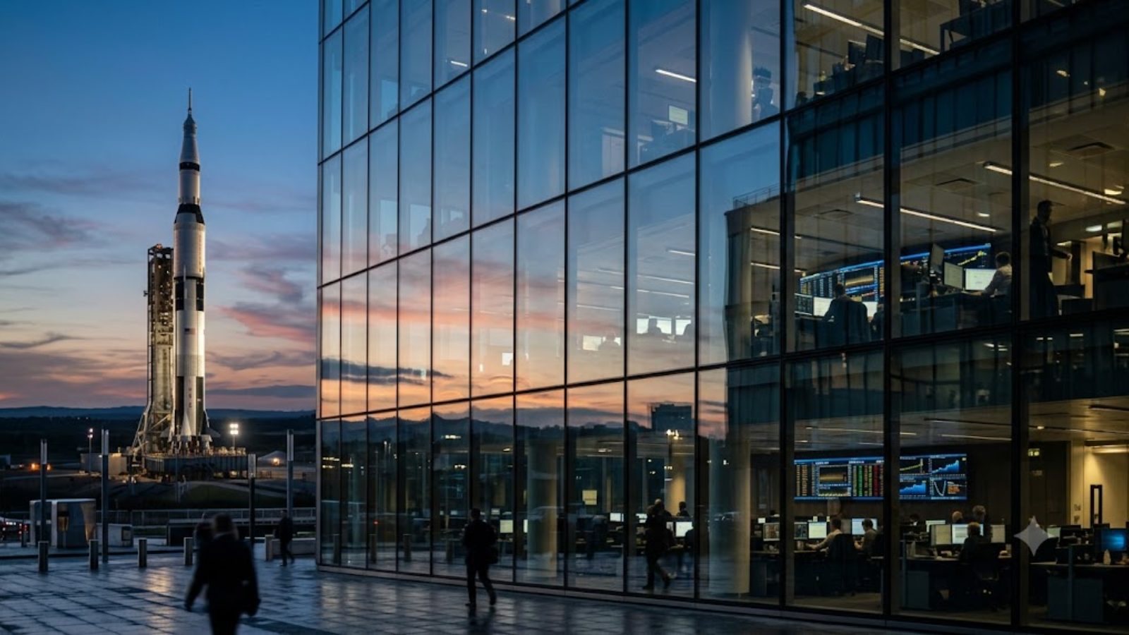 A rocket on a launch stand at dusk seen through the glass wall of an office building where people work at screens.