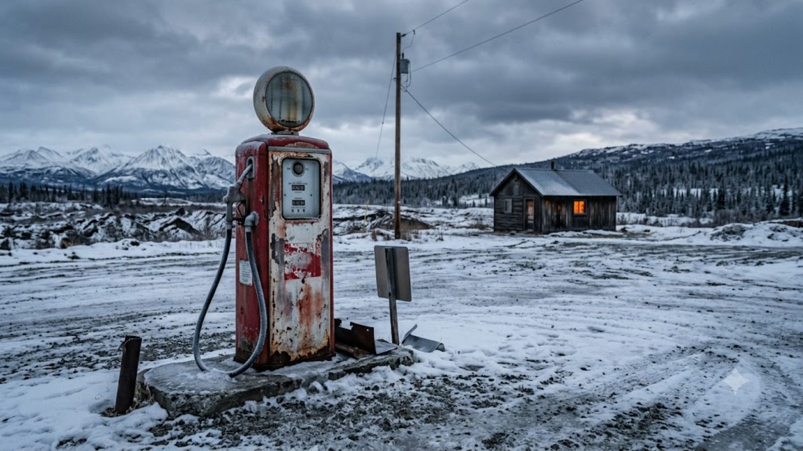 A weathered old gasoline pump standing alone in snow beside a wooden cabin and a leaning utility pole under a gray mountain sky.