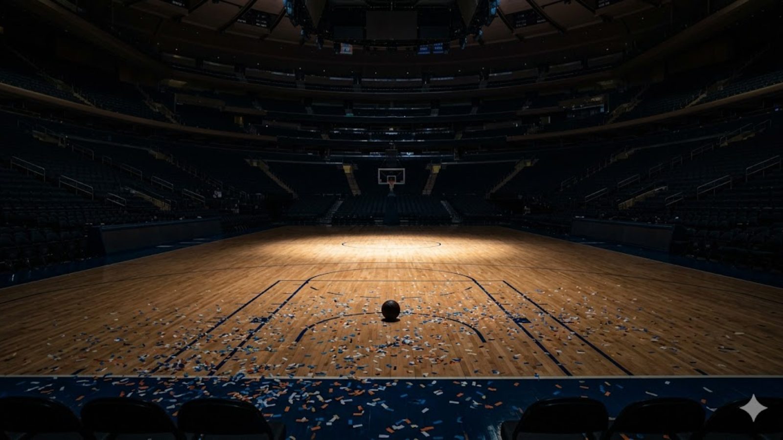 An empty basketball arena floor scattered with confetti under a single spotlight, the seats dark all around.