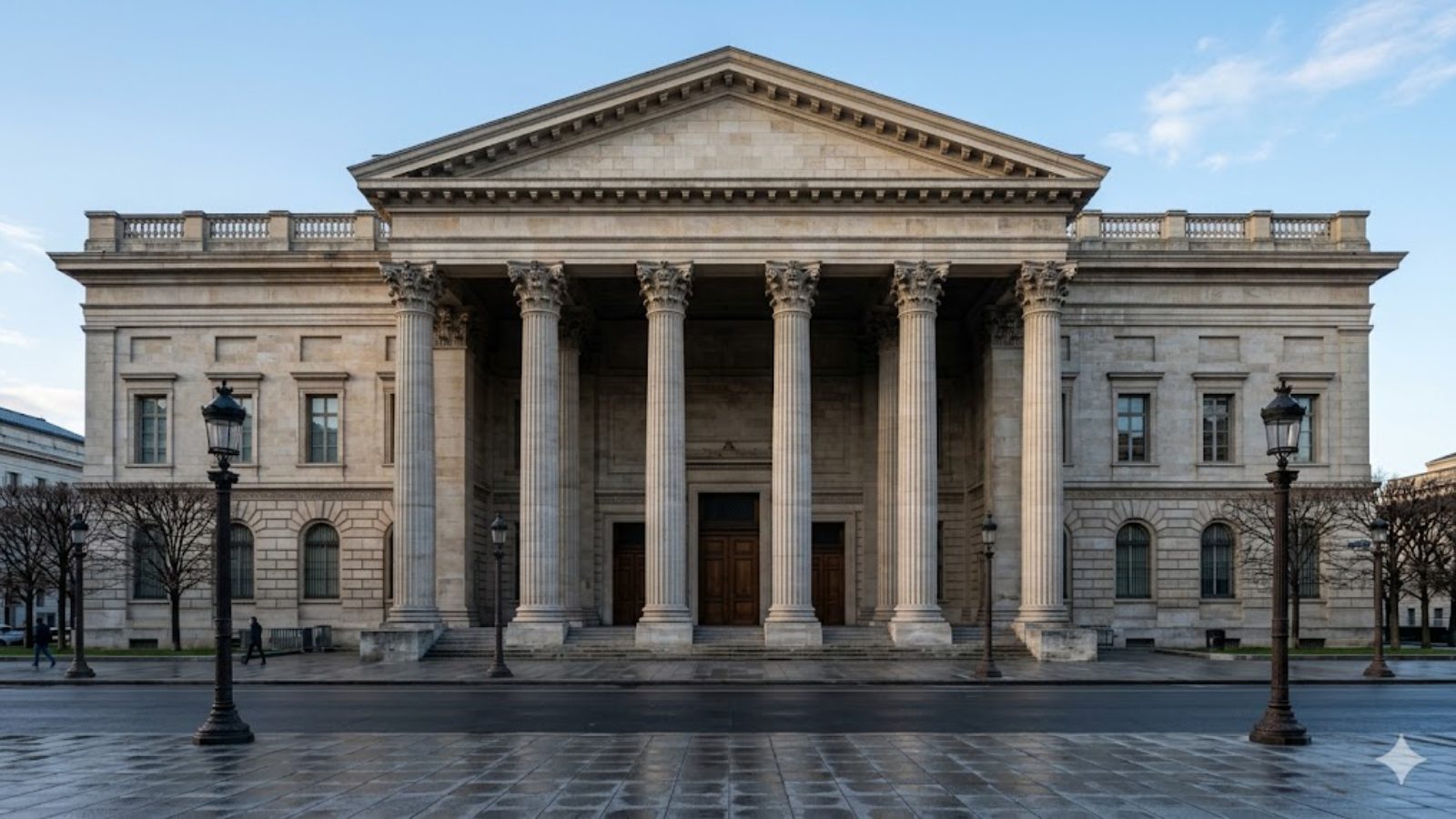 A neoclassical stone building with a columned portico and lampposts on a rain-washed plaza under a blue sky.