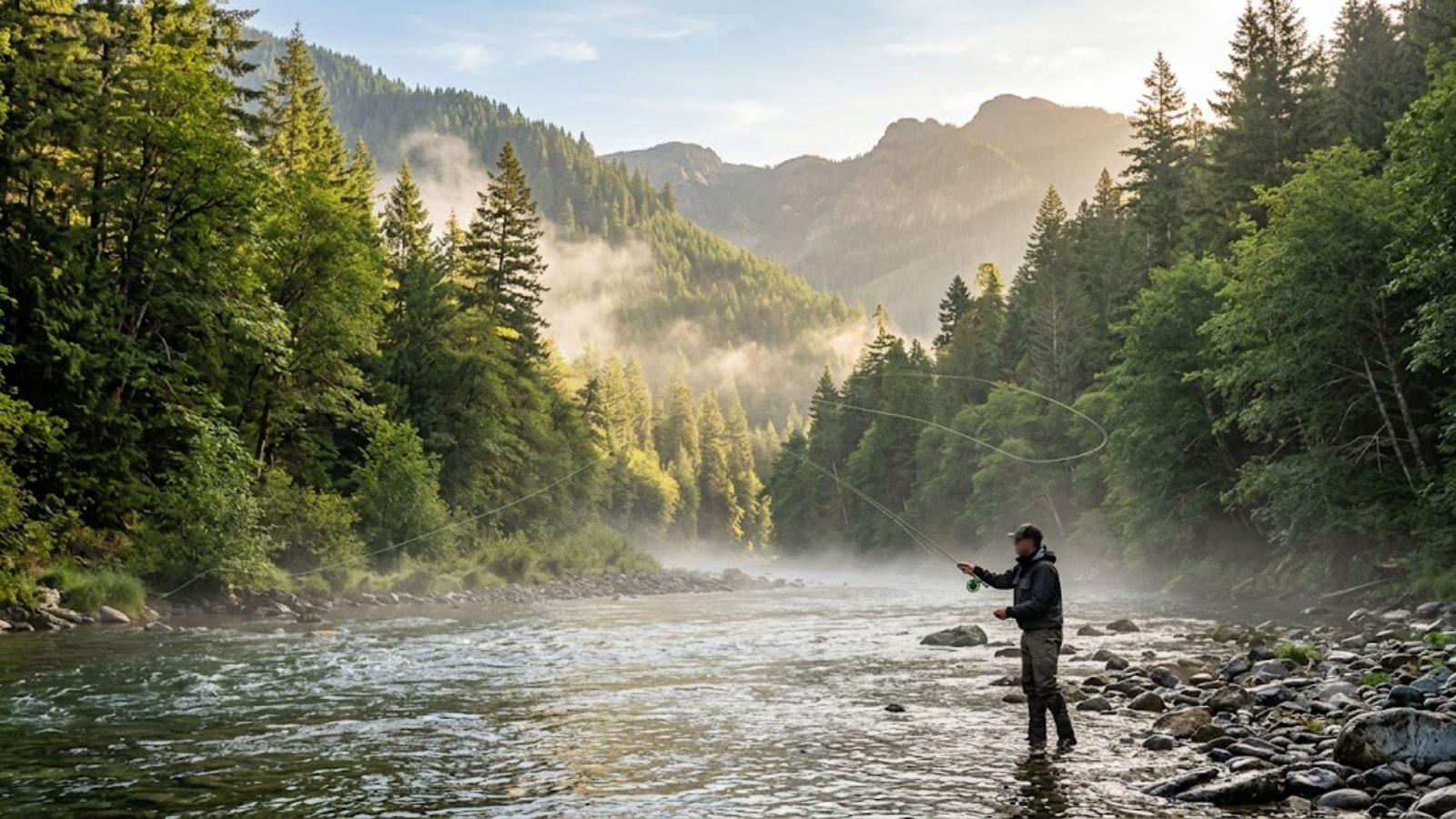 A fly fisher standing thigh-deep in a misty forest river at dawn, rod raised, evergreens rising on both banks.