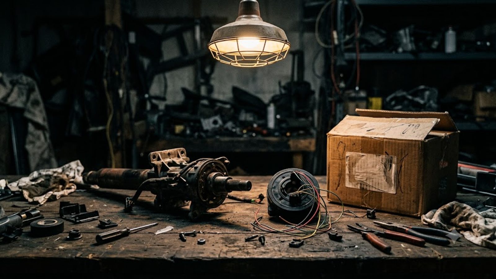 A workshop bench under a single hanging lamp, strewn with hand tools, coiled wire, a cardboard parts box and a car part, with more tools on the wall behind.