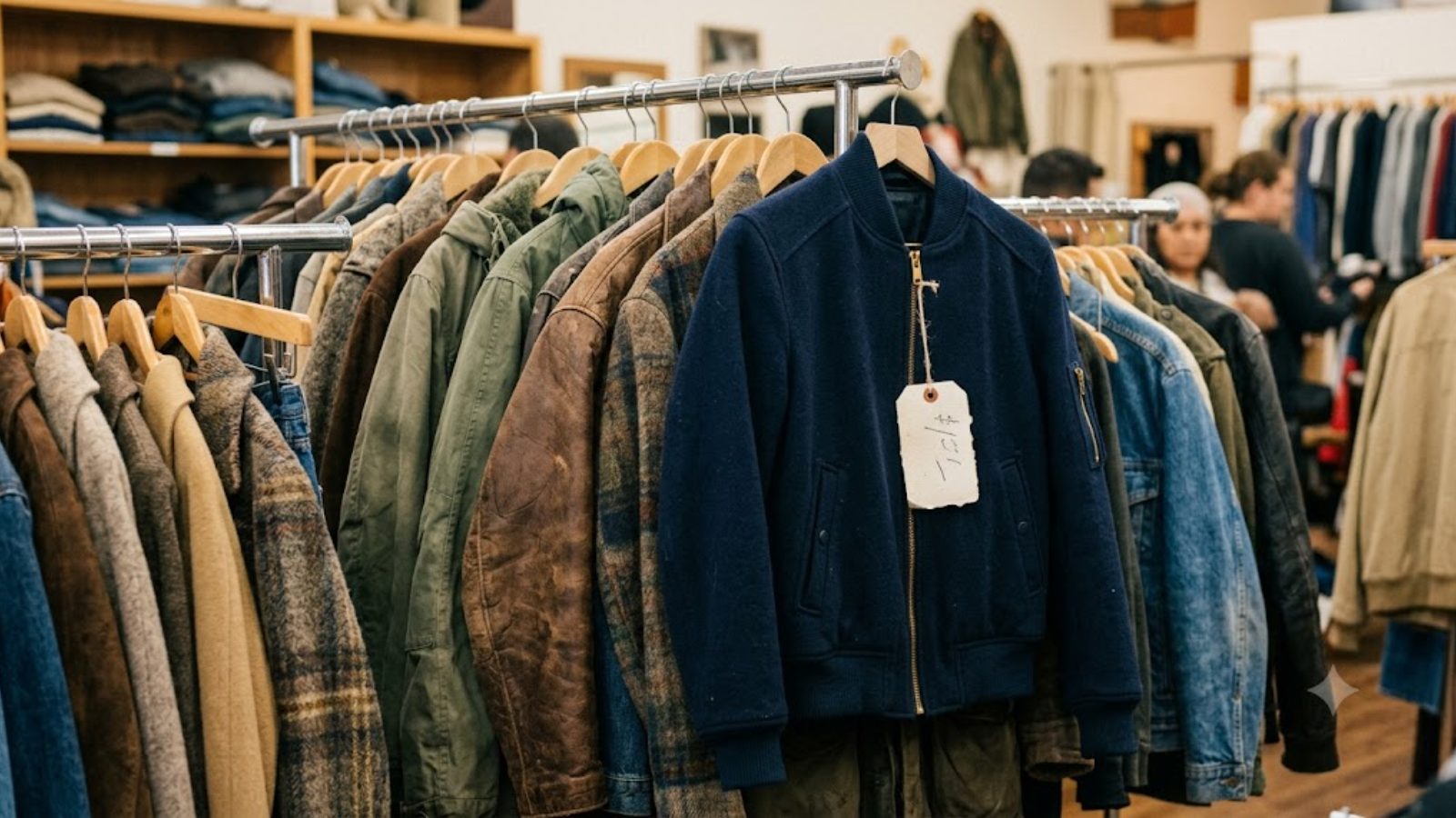 A rack of jackets and coats in a boutique, denim and leather with paper price tags hanging from the sleeves, shoppers out of focus behind.