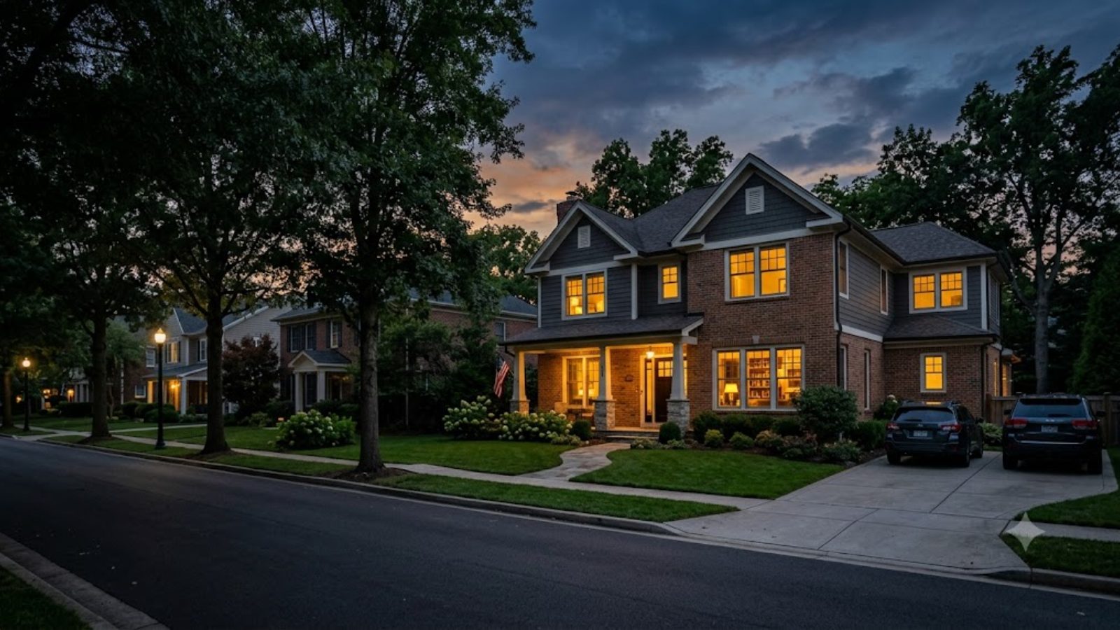 A brick two-story suburban house at dusk with every window lit, cars in the driveway and trees along the quiet street.