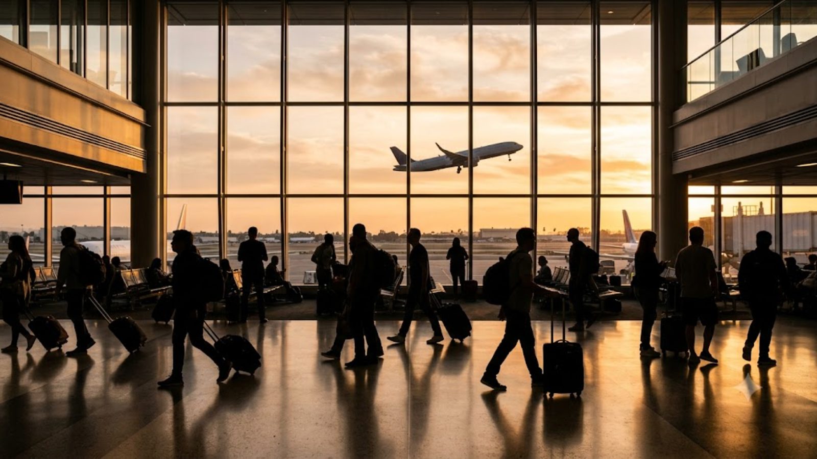 Travelers with roller bags silhouetted against a wall of windows in an airport terminal at sunset, a plane climbing outside.