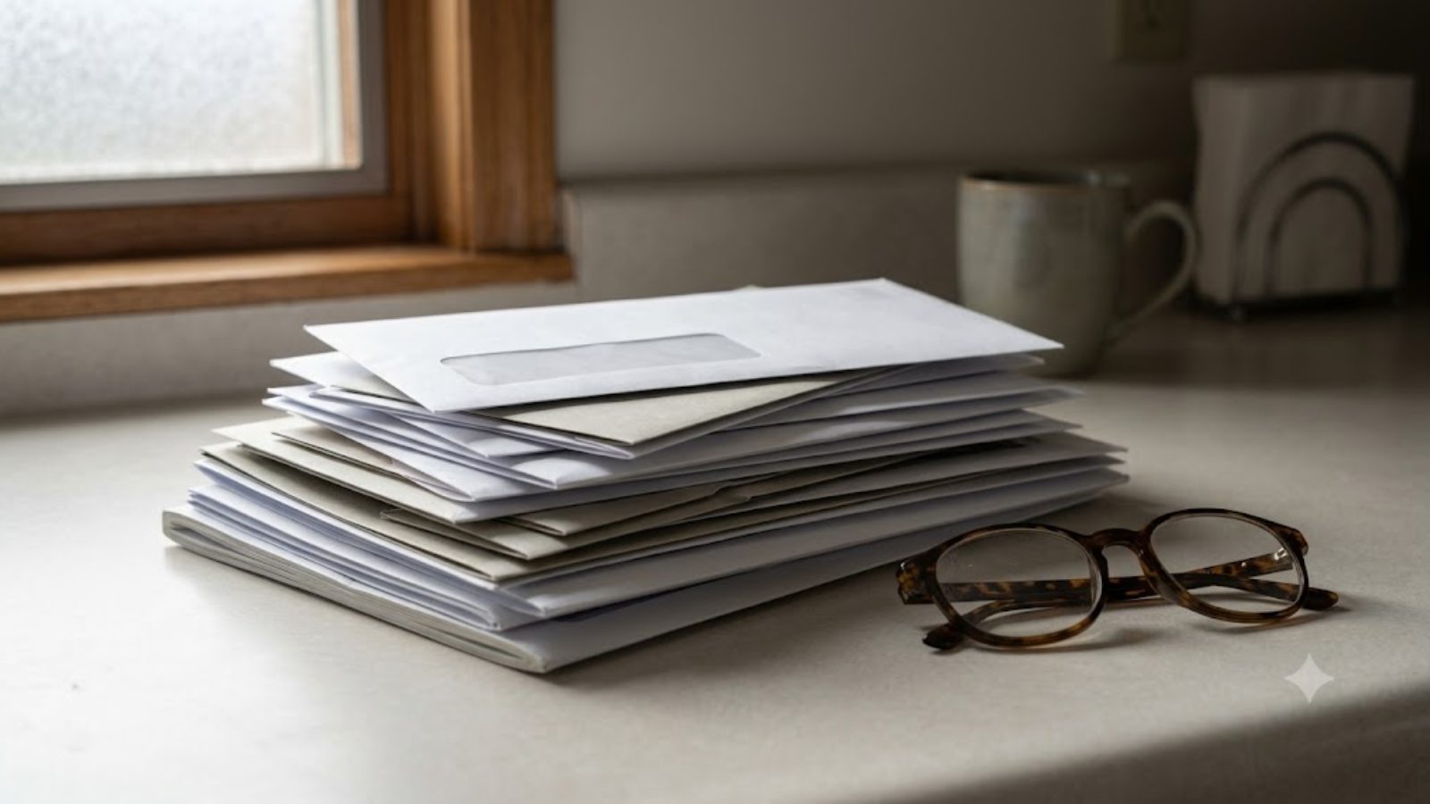A stack of white envelopes and folded letters on a windowsill beside a pair of tortoiseshell reading glasses and a cup.