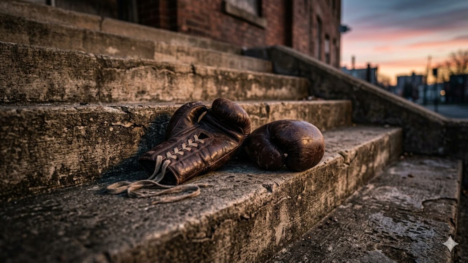 A worn pair of leather boxing gloves resting on stone steps outside a brick building at sunset.
