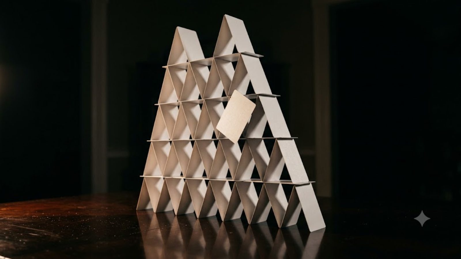 A tall house of playing cards balanced on a dark wooden table, lit from one side against a black background.