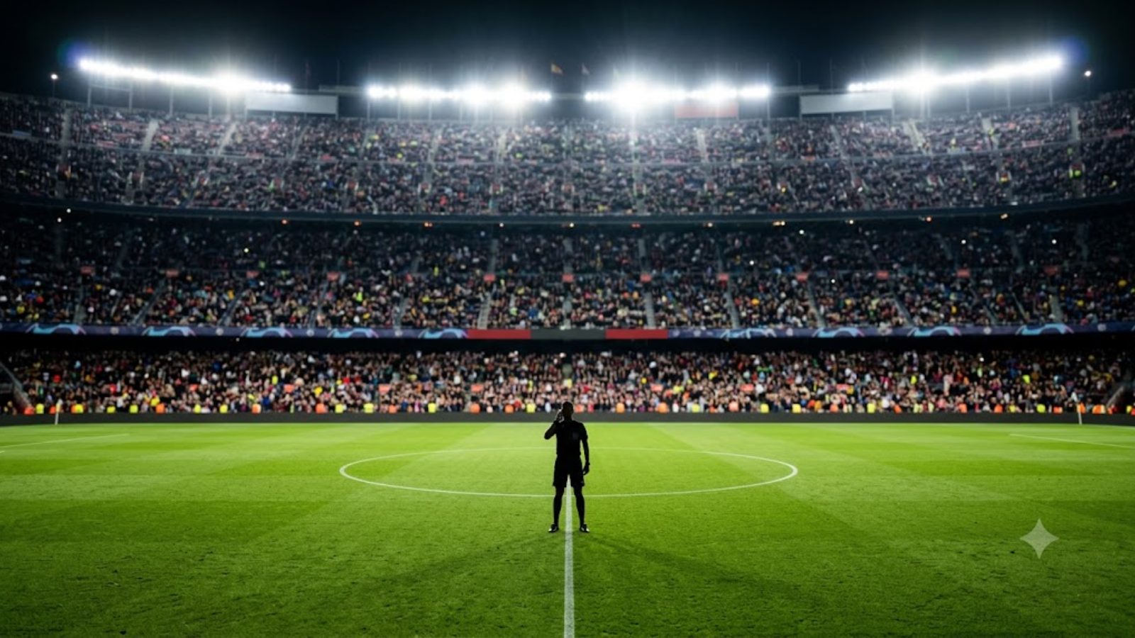 A floodlit stadium at night packed with fans, a single player standing at the center circle of the pitch.