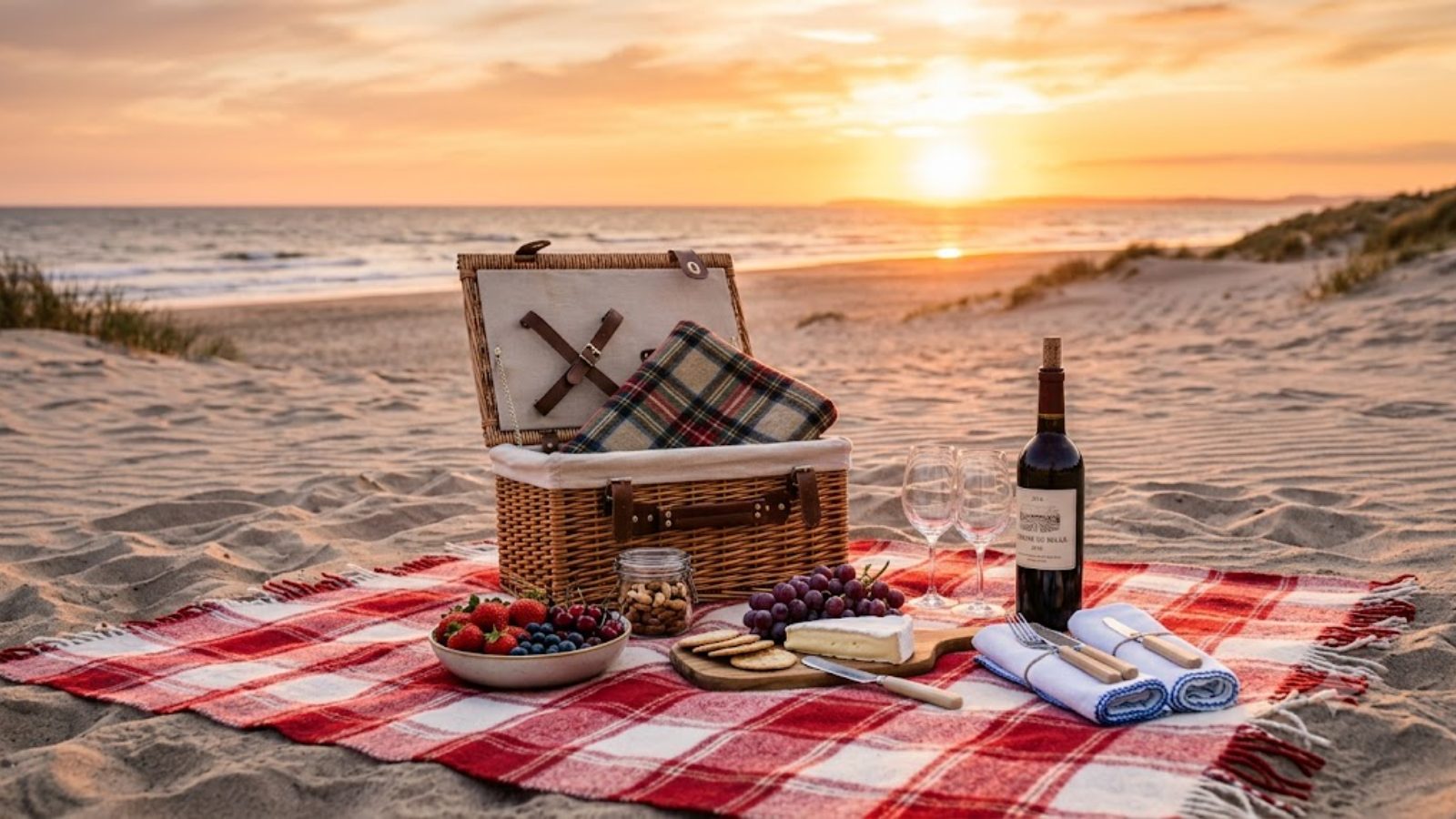 A picnic blanket on a sandy beach at sunset with a wicker basket, an open bottle, bread and fruit laid out on a checked cloth.