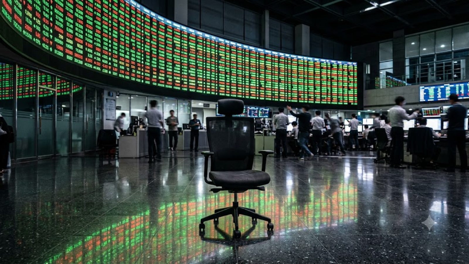 A trading hall with a long curved wall of green and red quotation boards, an empty office chair in the foreground and traders at desks beyond.