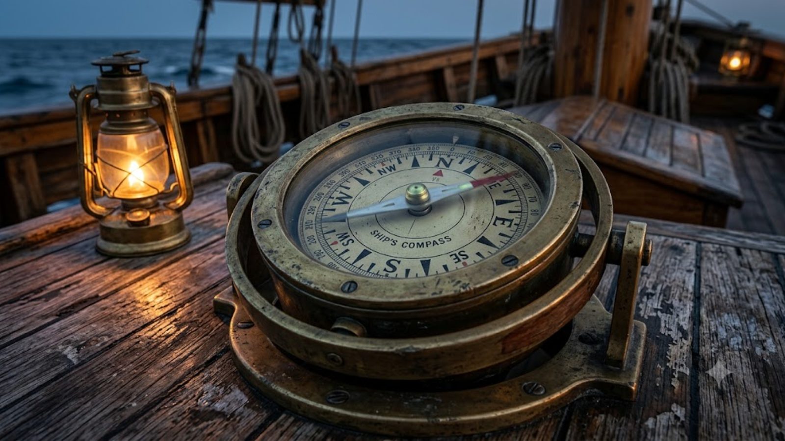 A brass ship’s compass and an oil lantern on the weathered wooden deck of a sailing vessel, rigging and a gray sea behind.