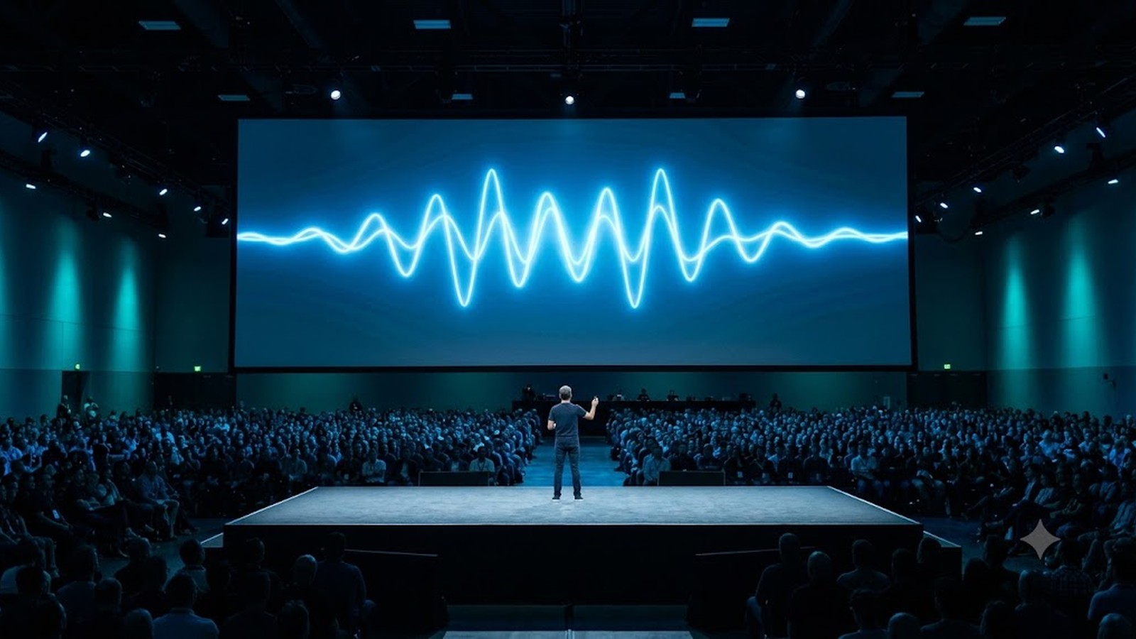 A speaker on a stage before a packed auditorium, a giant glowing waveform on the screen behind him.