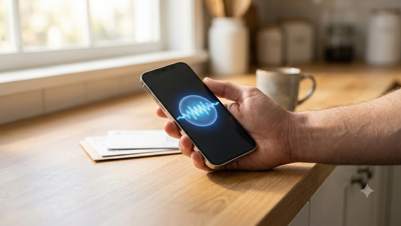 A hand holds a smartphone showing a glowing voice-assistant waveform over a kitchen counter with envelopes.