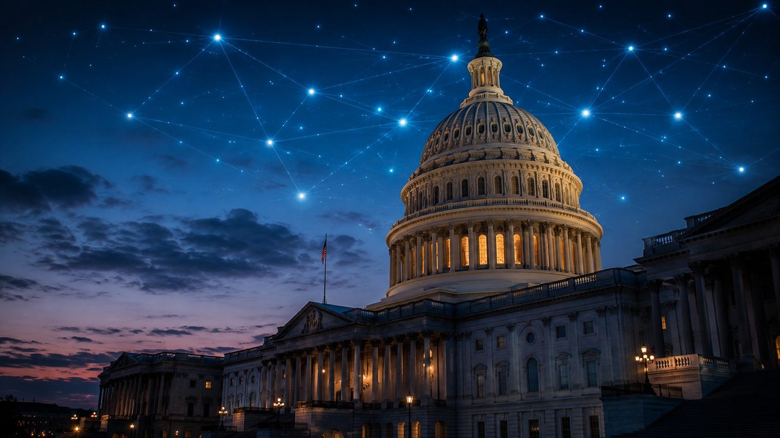 The U.S. Capitol dome lit at dusk beneath a sky traced with glowing network lines.