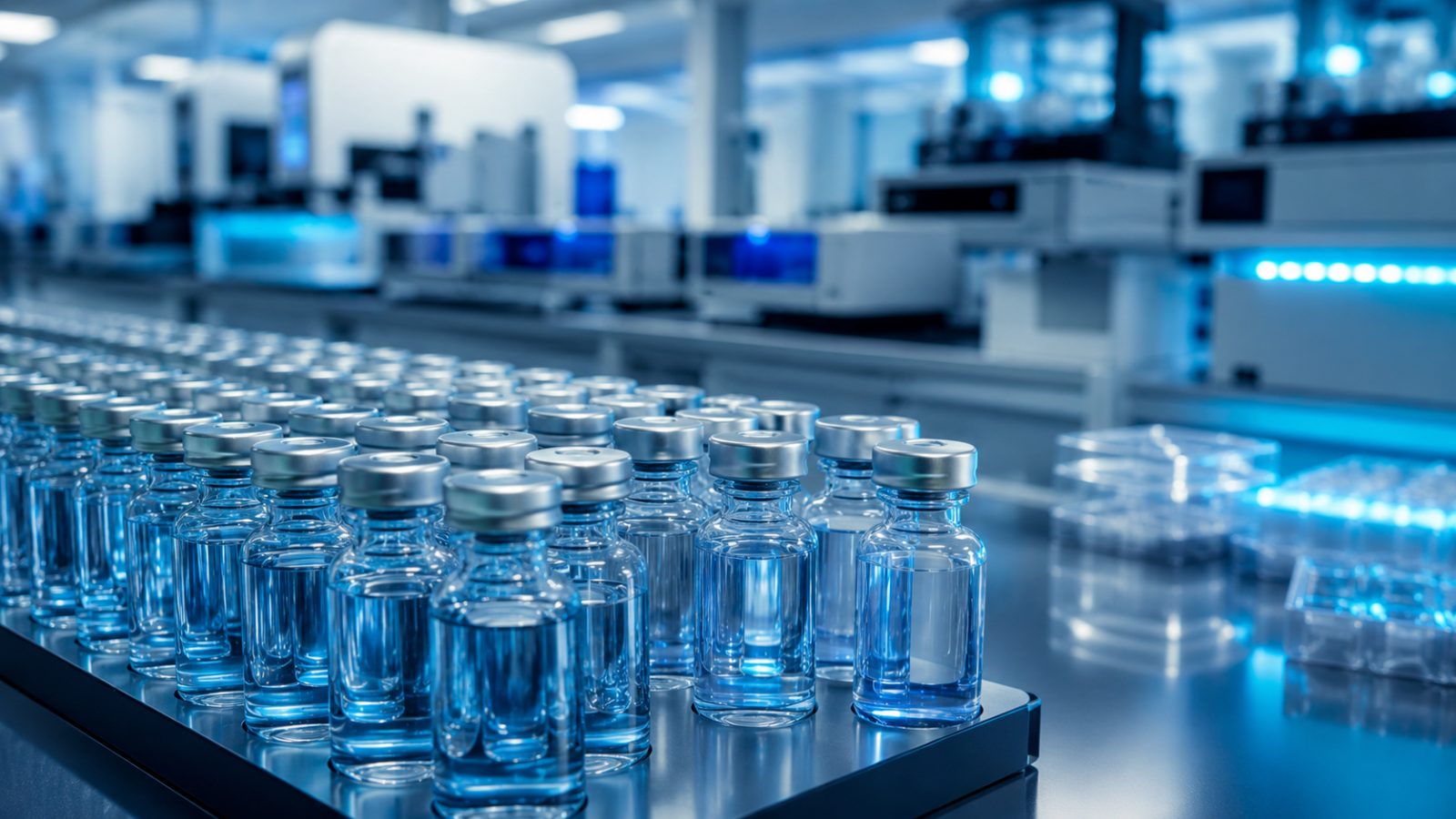 Rows of small glass sample vials on a laboratory bench, blue-lit analysis instruments blurred in the background.
