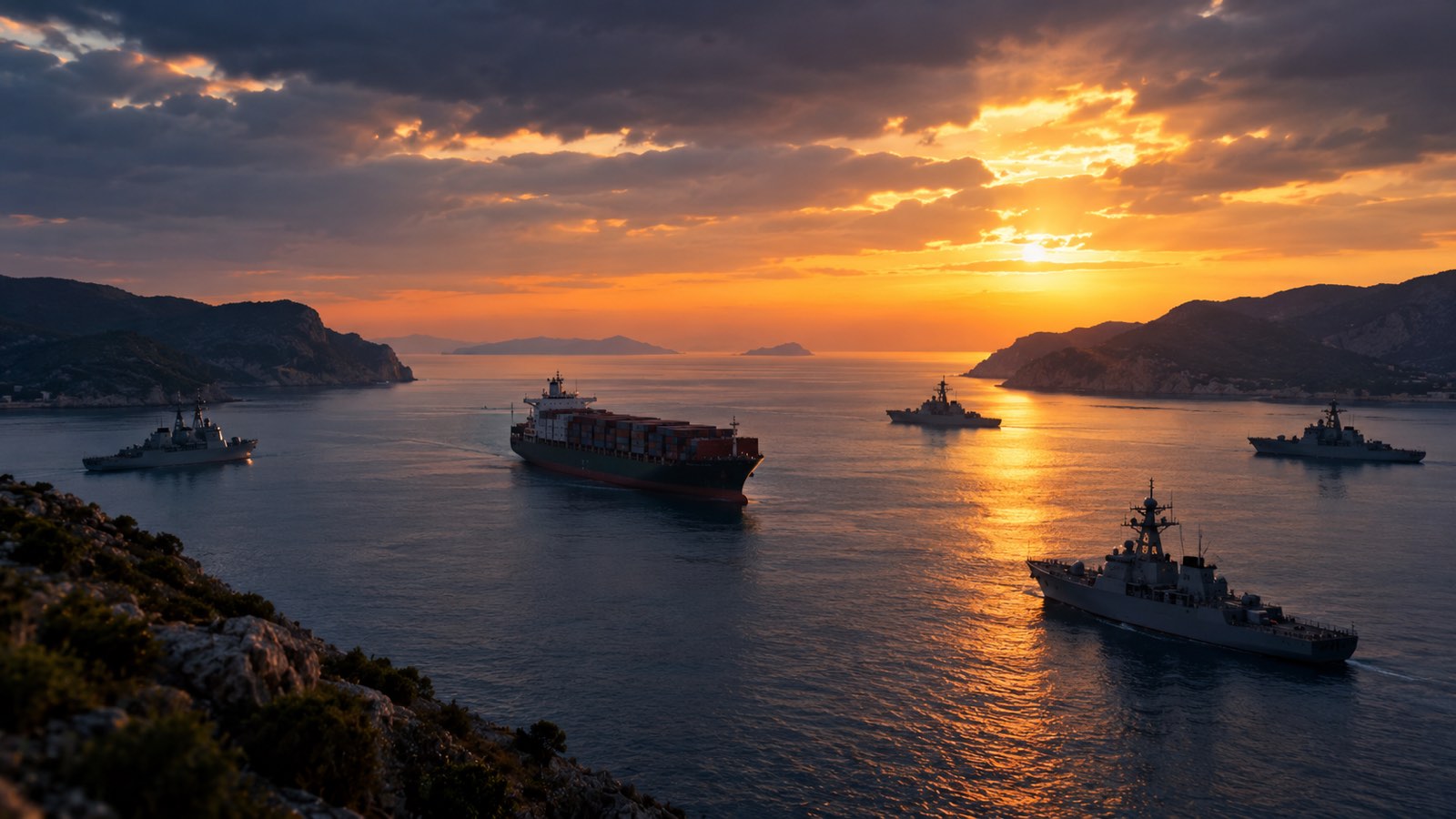 Warships escort a loaded container ship through a strait at sunset, rocky hills on both shores.