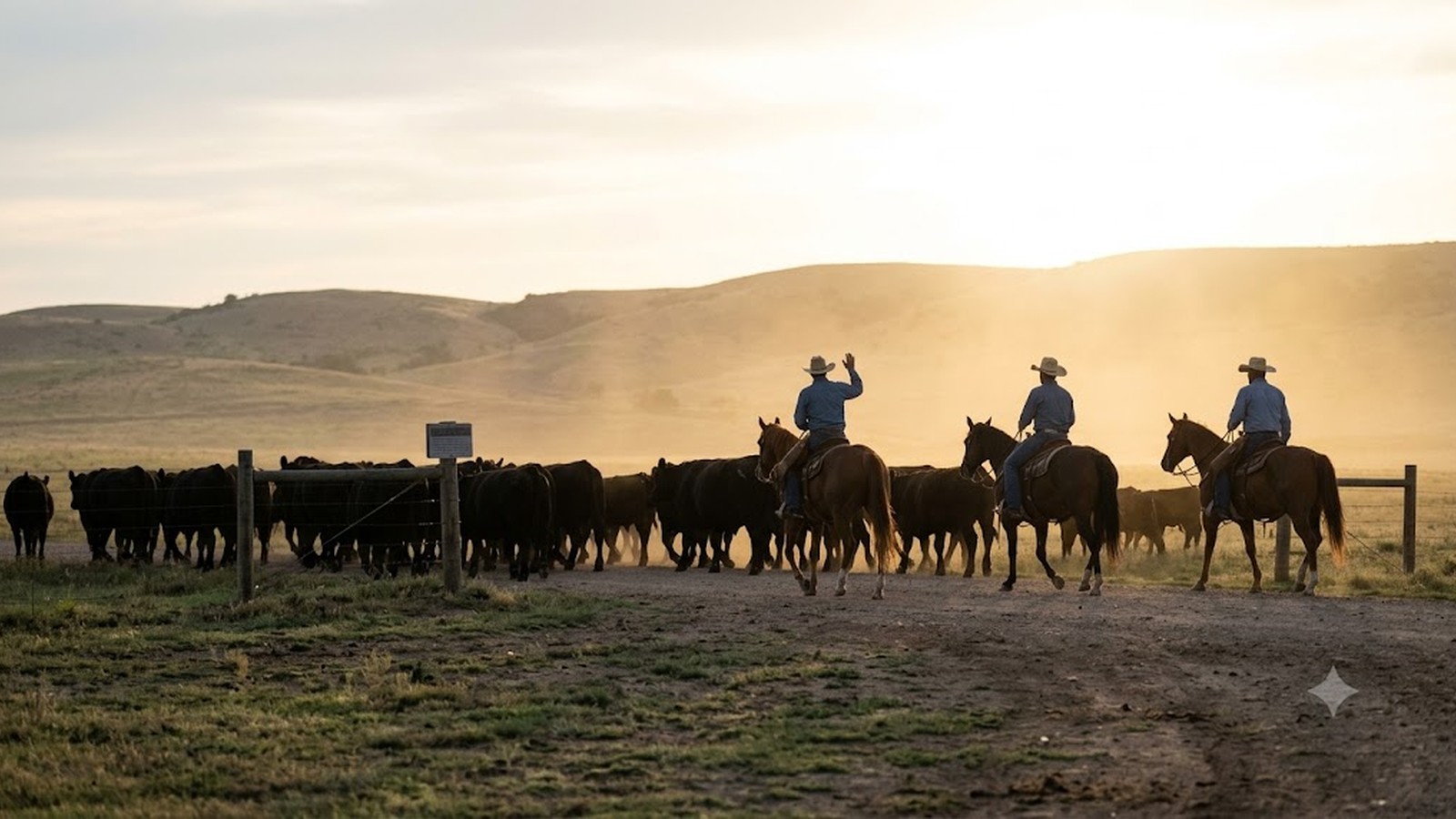 Three riders on horseback drive a herd of black cattle along a fence line across golden hills at dusk.