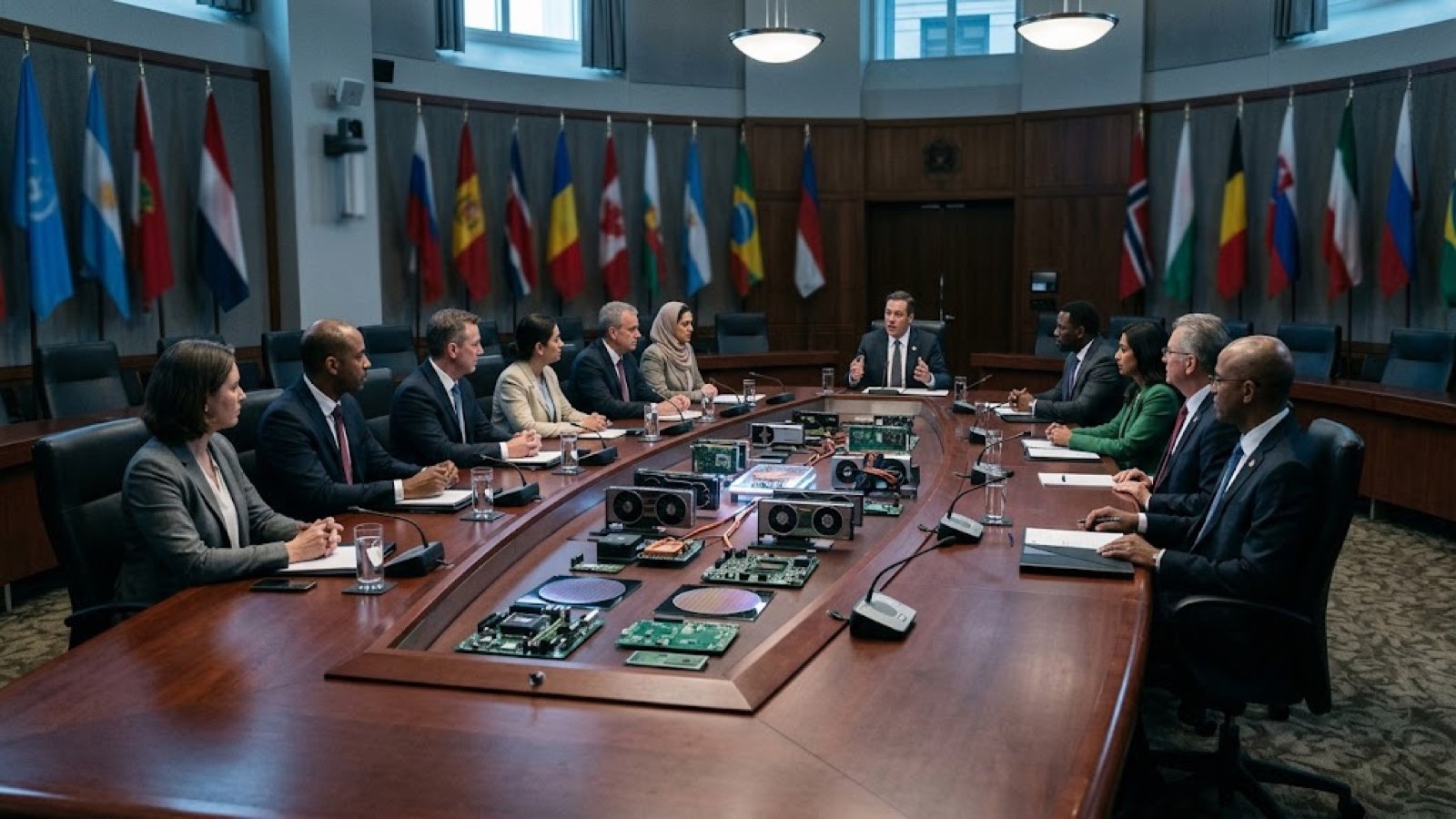 Delegates around a curved conference table lined with national flags, circuit boards and chip wafers laid out in the middle.