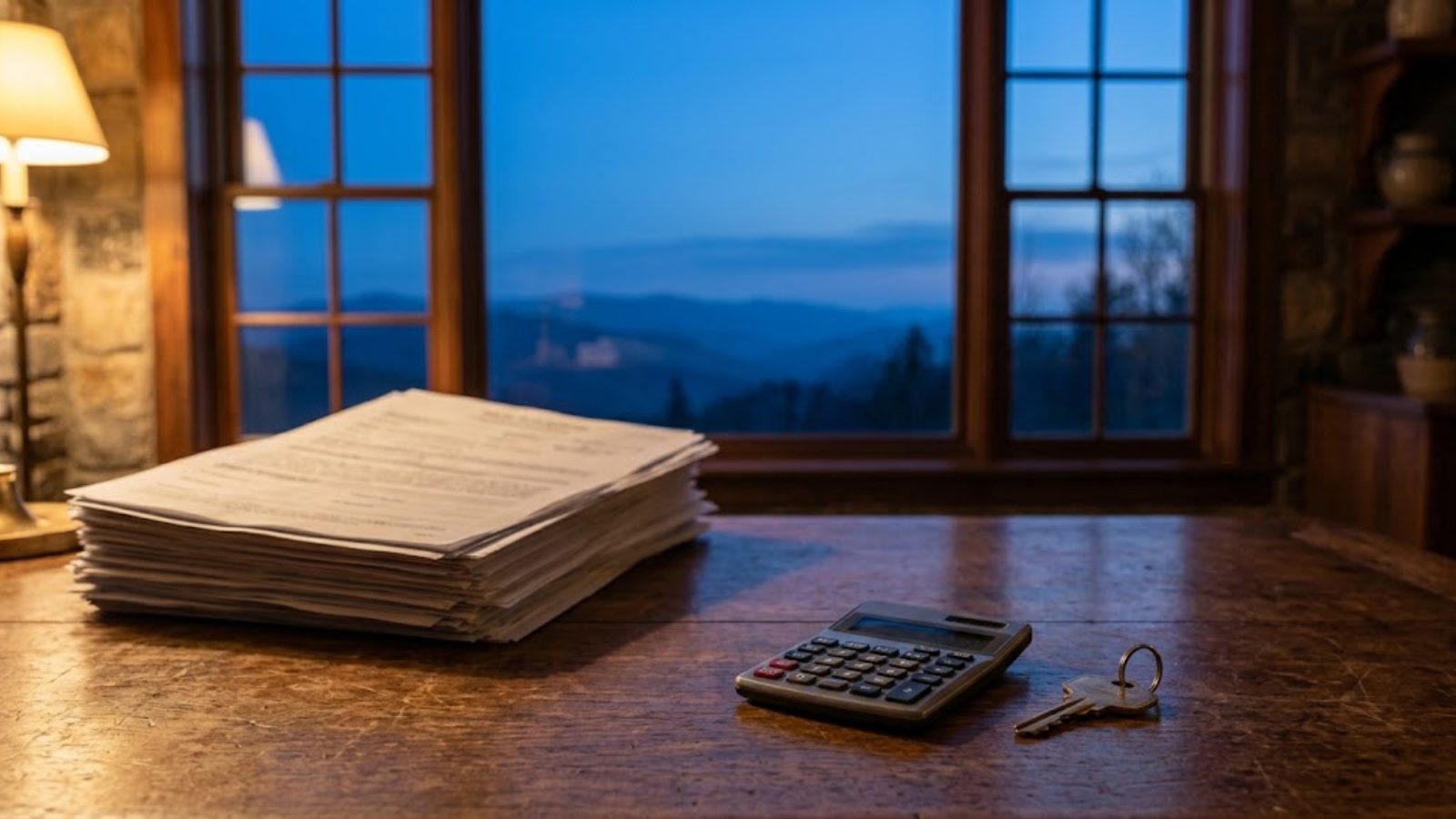 A stack of insurance papers, a calculator and a house key on a desk in evening light.