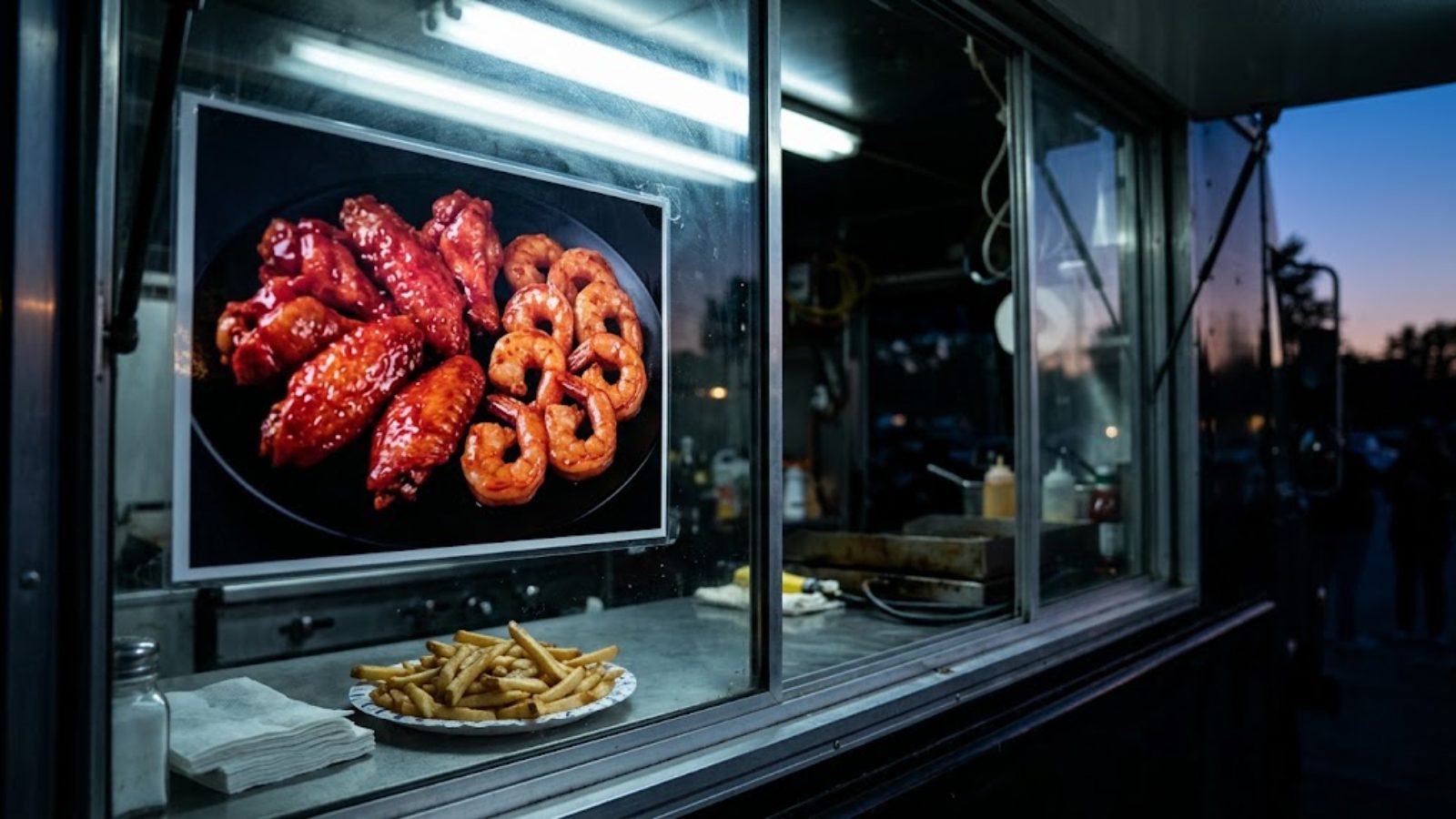 A glowing menu screen of unnaturally shiny wings and shrimp in a dark food-truck window, fries on the counter below.