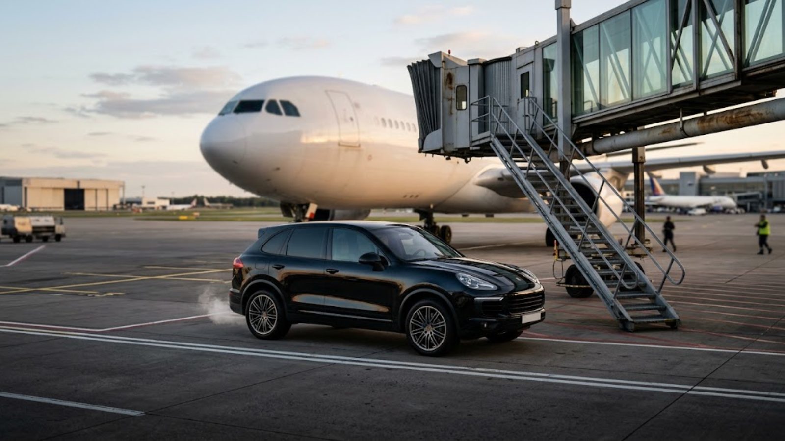 A black SUV waiting on the tarmac beside a jet bridge and an airliner at dusk.
