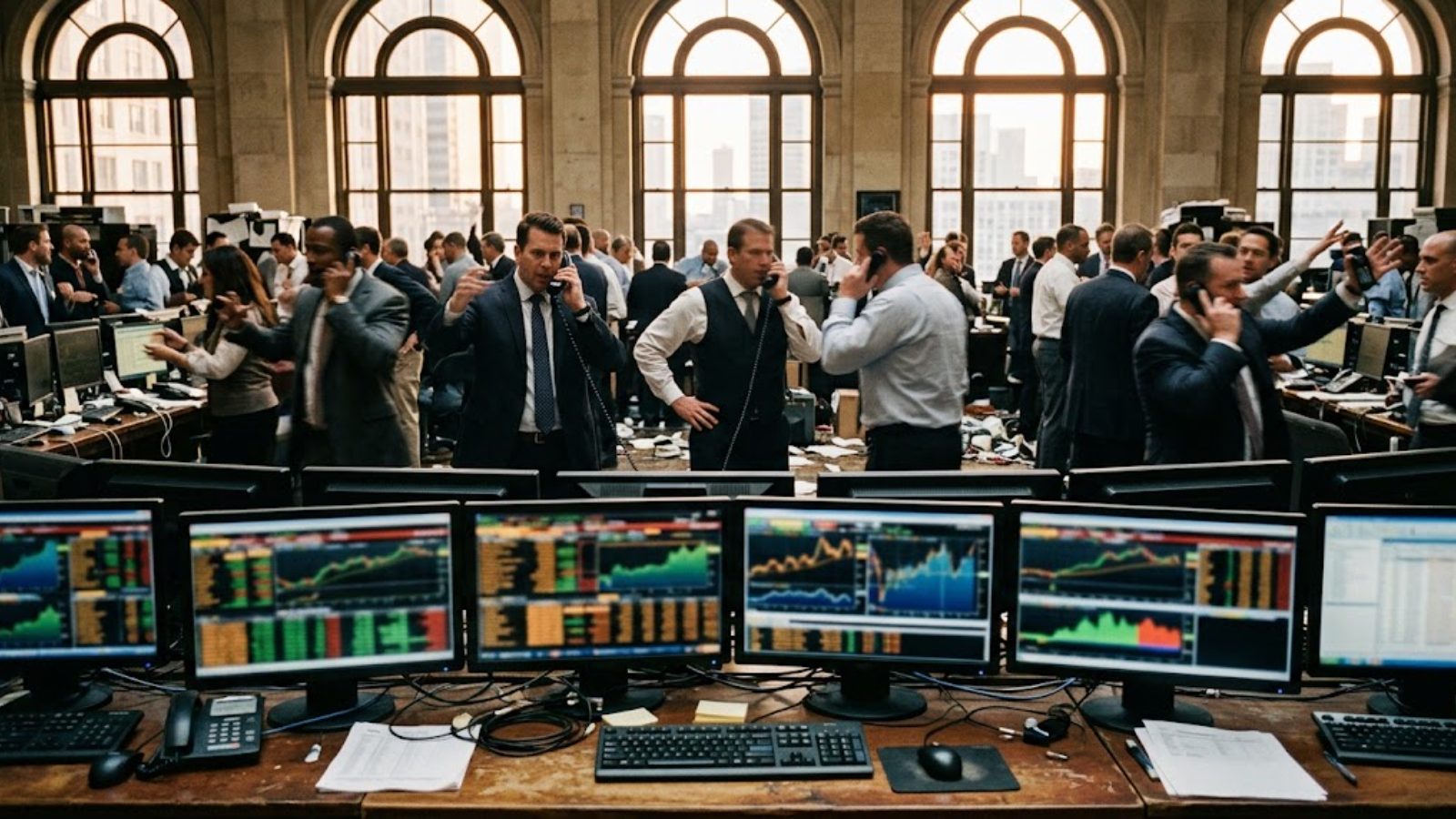 A crowded trading floor, traders on phones over banks of screens under tall windows.