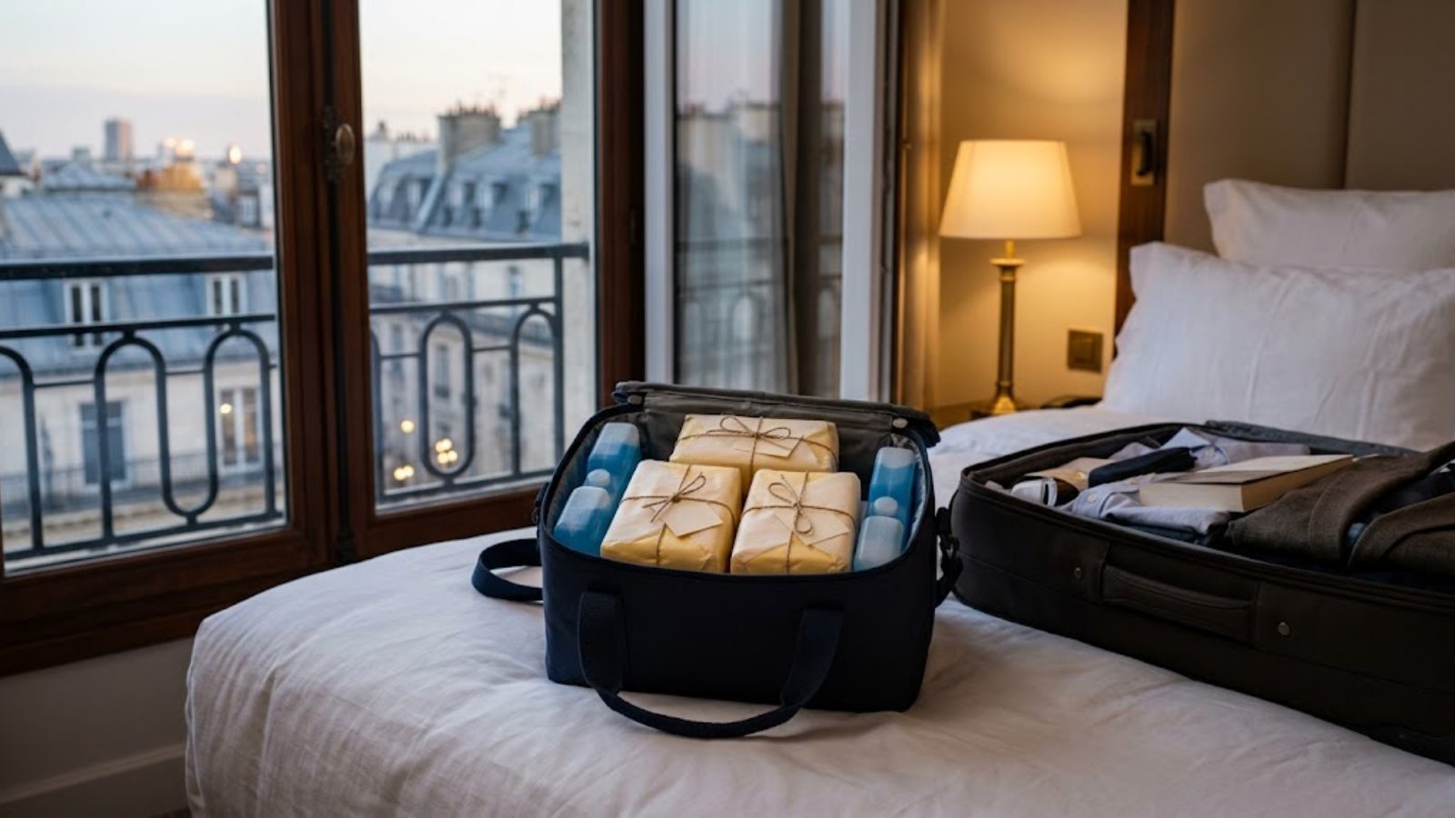 An insulated bag of waxed-paper butter blocks and ice packs on a hotel bed beside a suitcase, Paris rooftops out the window.