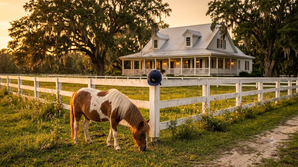 A white farmhouse behind a fence with a pony grazing in golden evening light.