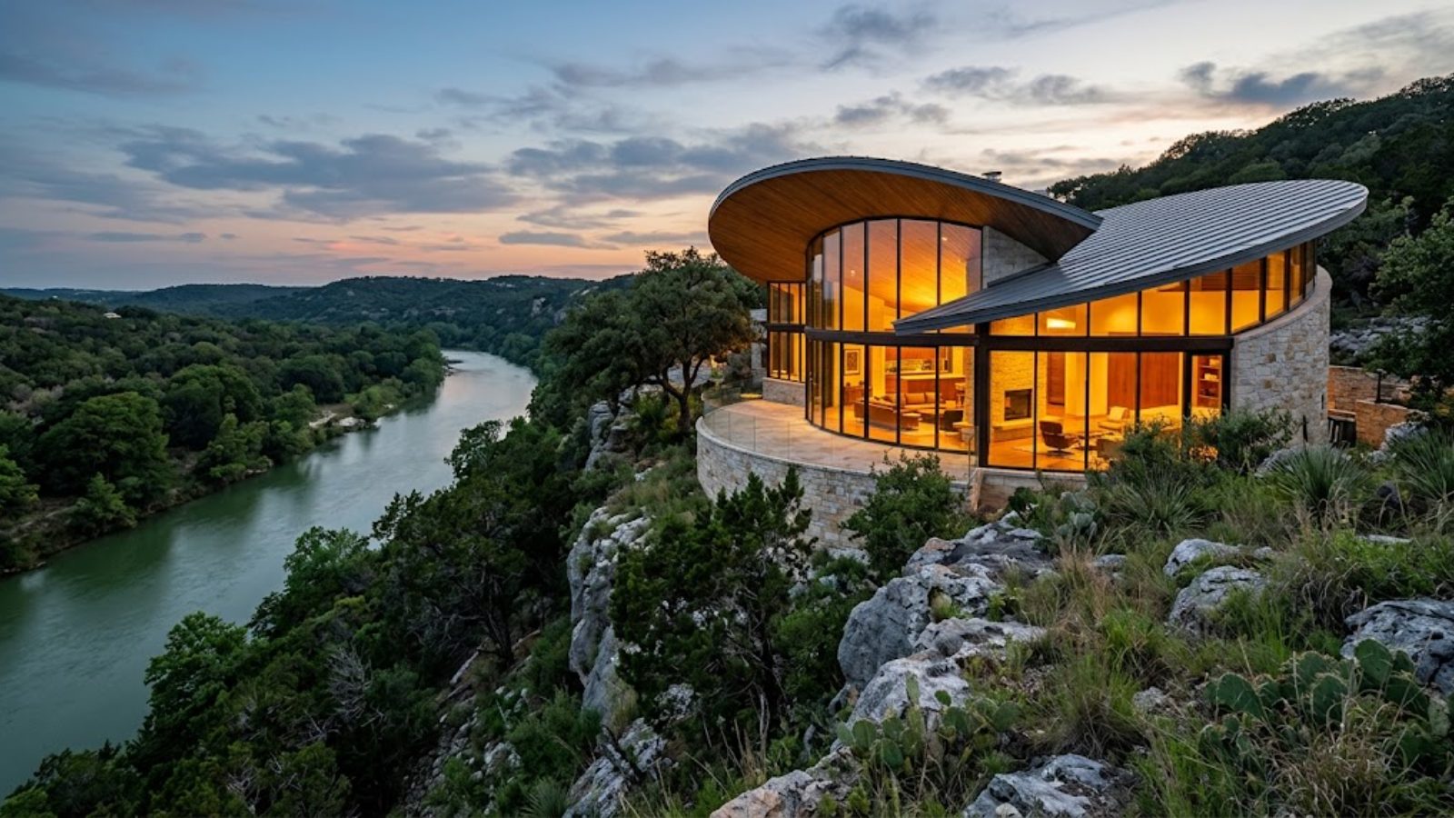 A curved glass-walled house lit at dusk on a wooded bluff above a river.