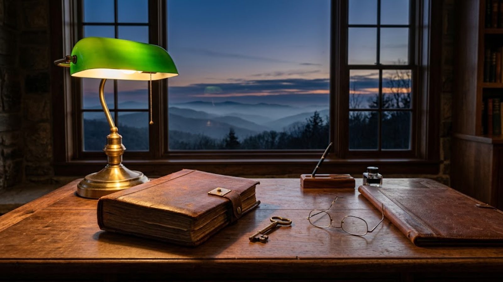 A green-shaded banker’s lamp over a leather-bound ledger, an old key and reading glasses on a desk, misty hills out the window.