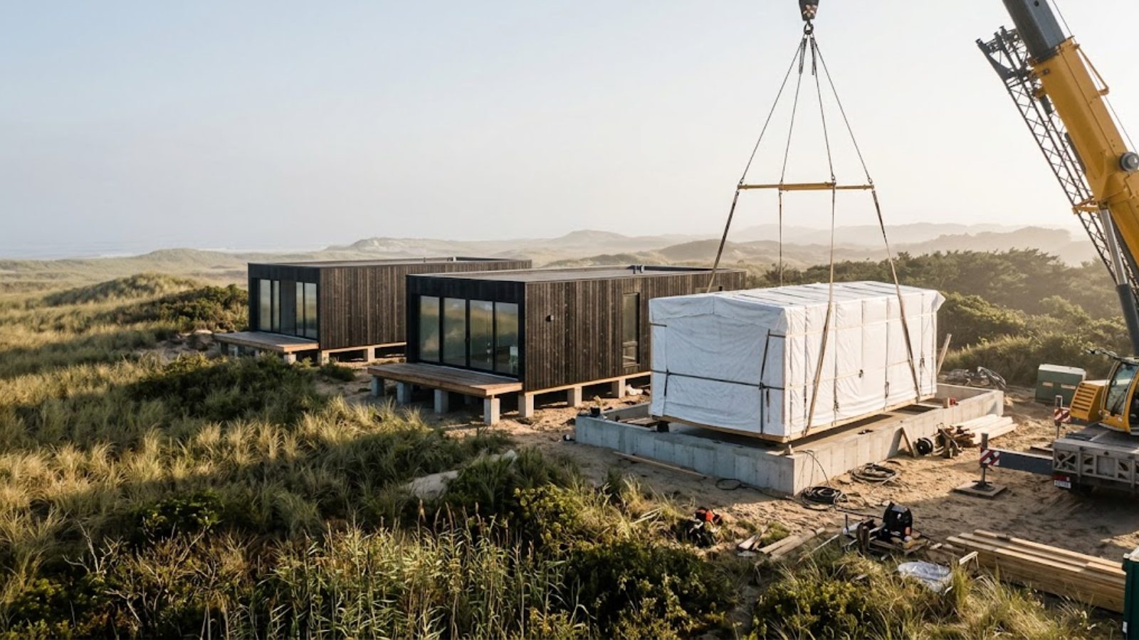 A modular home section wrapped in white being lowered by crane onto a foundation among dune grass.