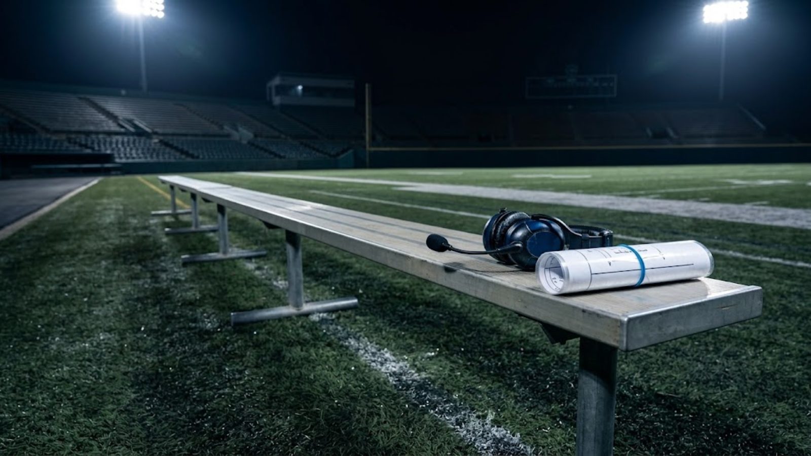 A rain-slicked bench on an empty floodlit football sideline, a headset and a rolled play sheet on it.