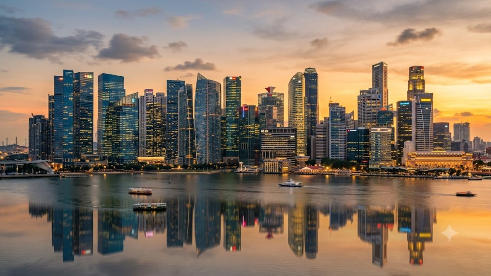 A city skyline at dusk, its towers reflected in still water.
