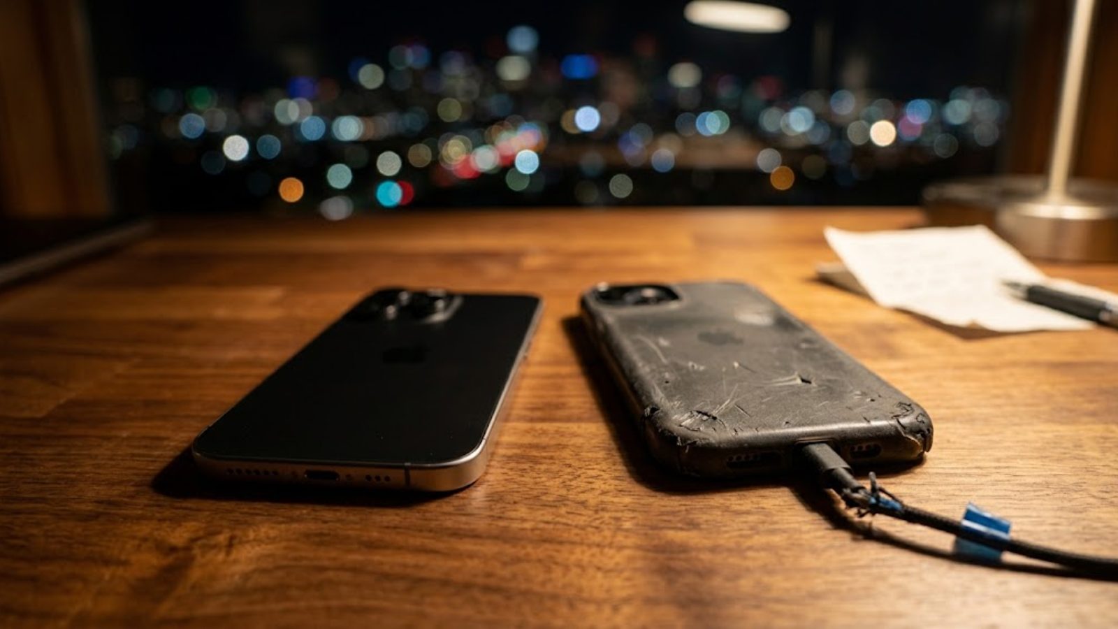 A new phone and a scuffed old one side by side on a wooden desk at night, a charging cable between them.
