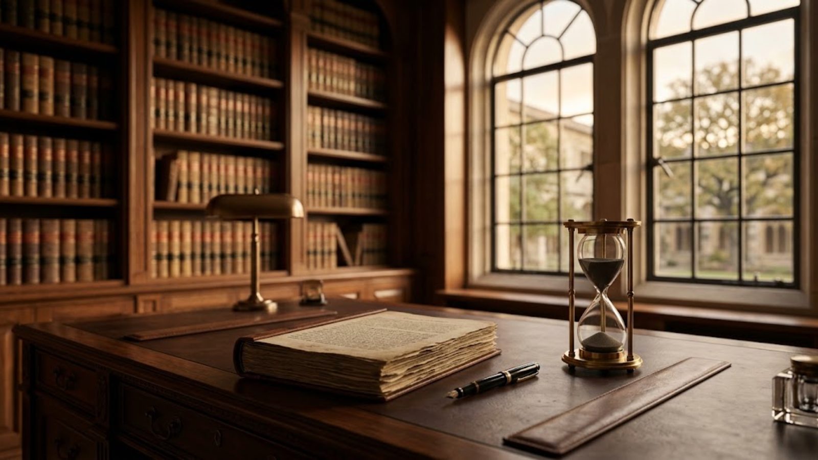 A law-library desk with an old bound volume, a fountain pen and a brass hourglass by the window.