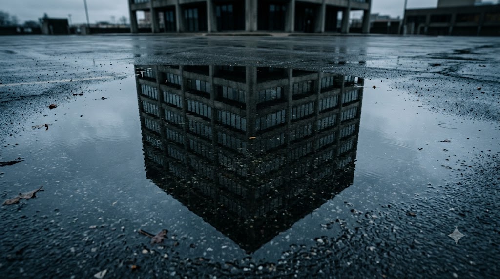 A dark glass cube of a building mirrored in a rain puddle.