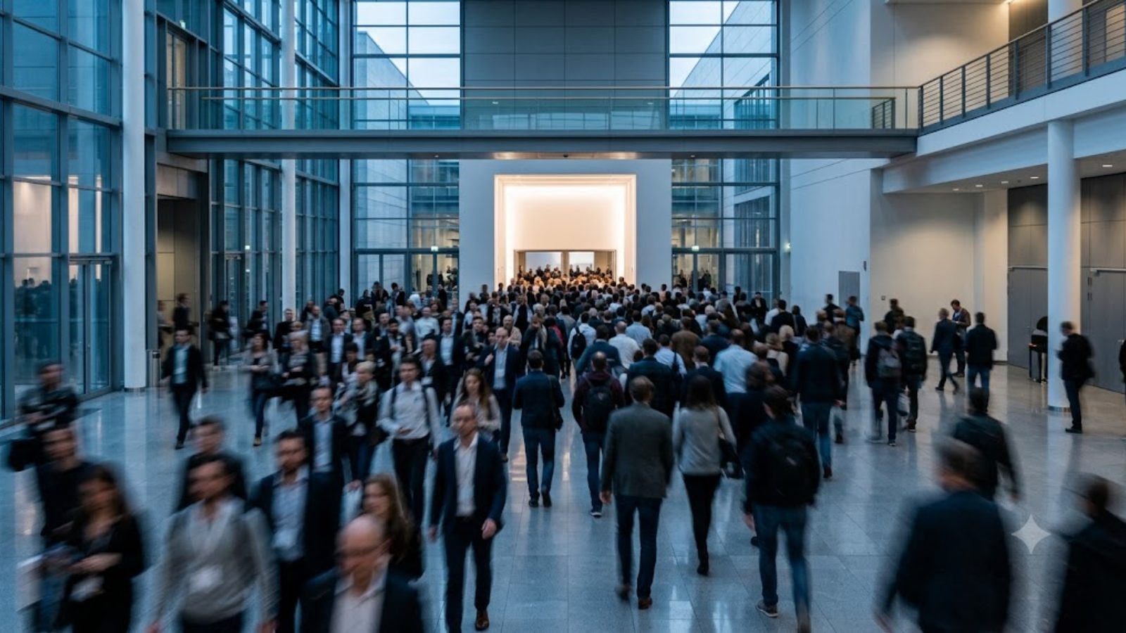 A crowd streaming through a bright glass atrium, faces blurred by motion.