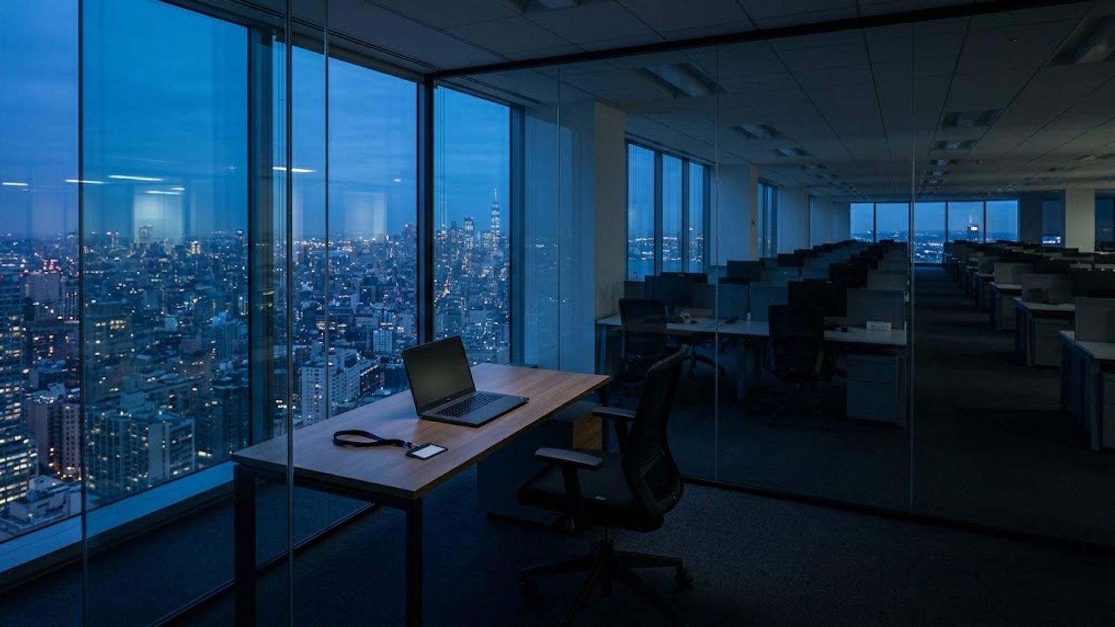 An empty open-plan office at dusk, one laptop glowing on a desk by the window.