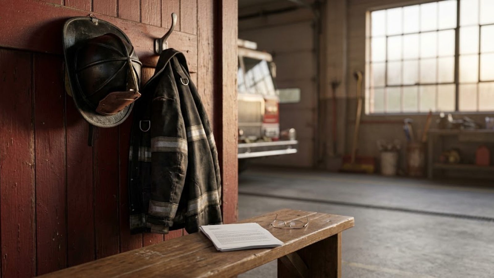 A firefighter’s coat and helmet hanging on a hook in a station bay, a notebook on the bench below.