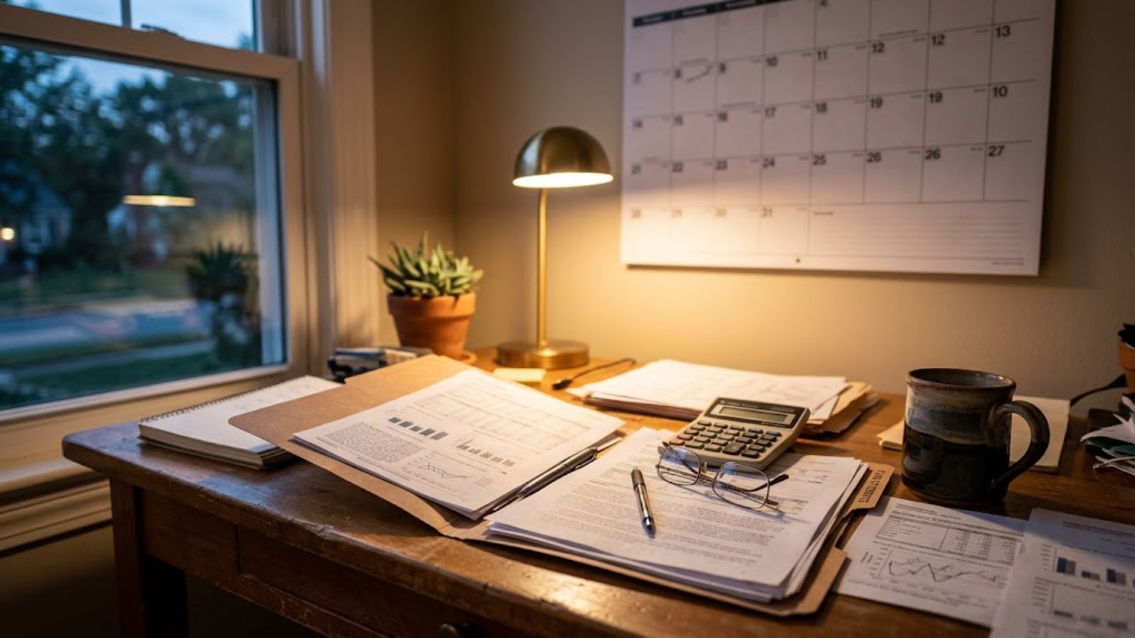 A desk lamp over tax forms, a calculator and a wall calendar in a home office.