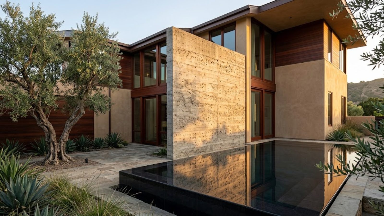 A modern house with a tall concrete spine wall, a still pool and an olive tree in a courtyard.