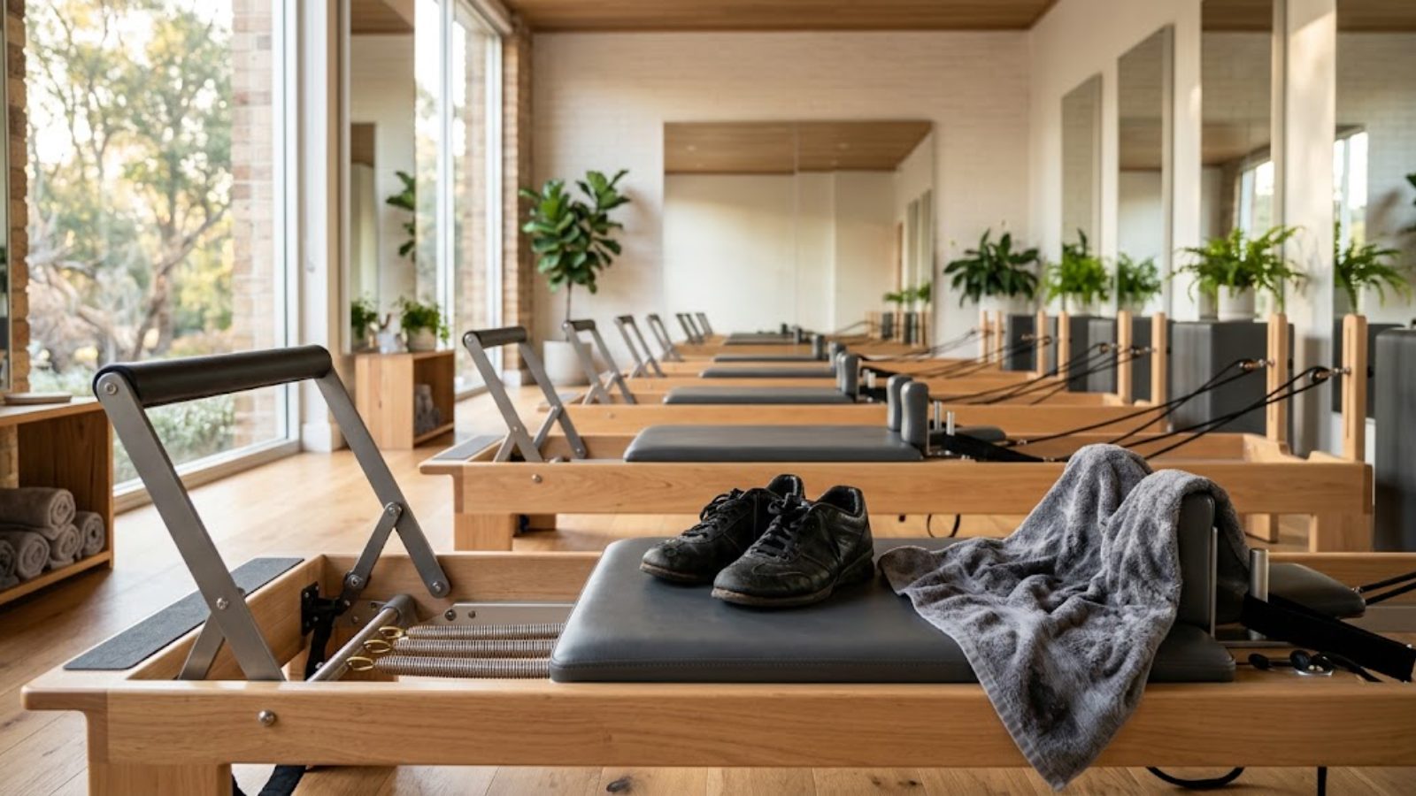 A row of Pilates reformer machines in a sunlit studio, a pair of heavy sneakers and a towel dropped on one carriage.