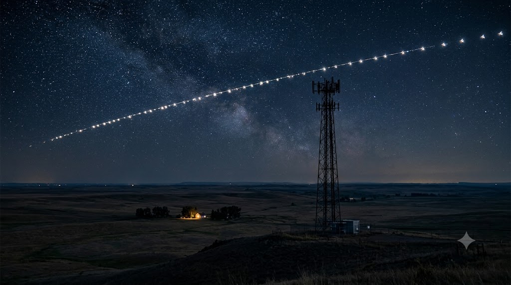 A satellite train streaks across a starry sky above a radio tower on open plains.