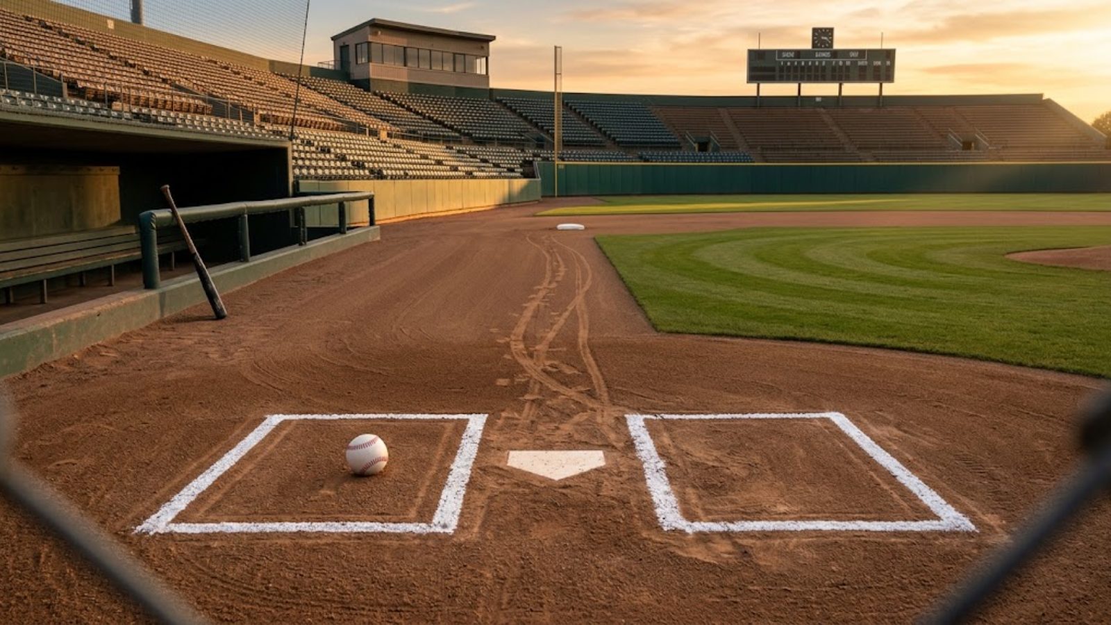 Home plate and the batter’s boxes chalked on an empty ballfield, a baseball resting on the plate.