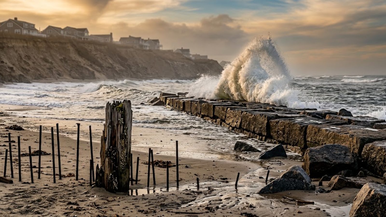 Waves breaking against a rocky jetty, rusted pilings and debris exposed on an eroded beach.