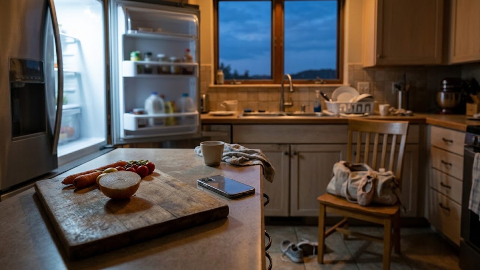 A kitchen at dusk with the refrigerator door open, a phone and a half-chopped onion on the counter.