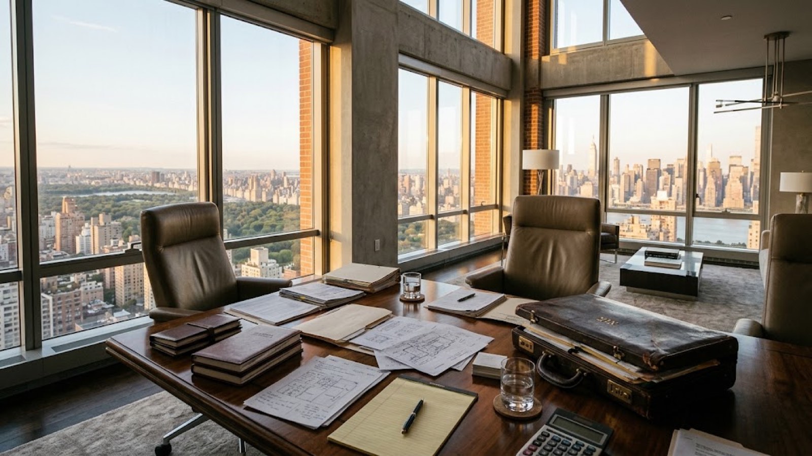 A corner office with papers spread across the desk, the city through the glass behind.
