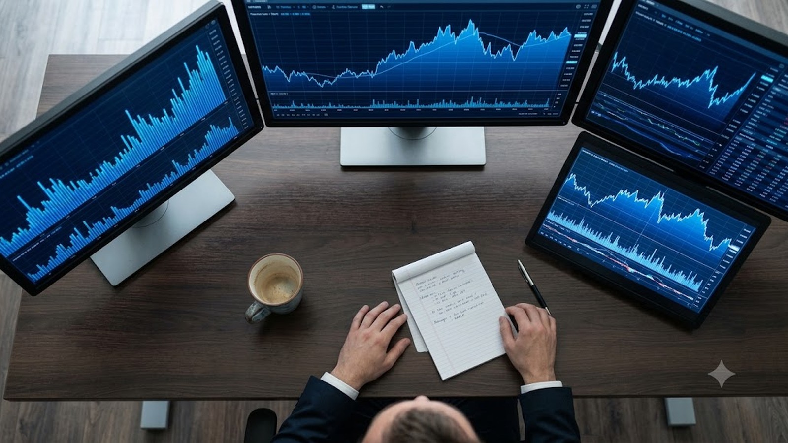 An overhead view of a desk with four monitors full of market charts, hands resting beside a handwritten notepad.